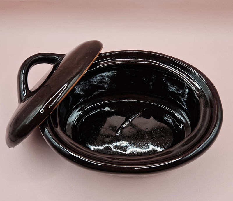 vintage Taiwan brown pottery stoneware items: soup bowl, oval baker, round crock with lid, and rectangular casserole dish