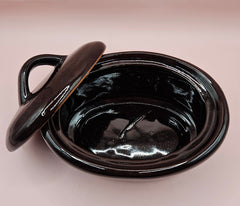 vintage Taiwan brown pottery stoneware items: soup bowl, oval baker, round crock with lid, and rectangular casserole dish
