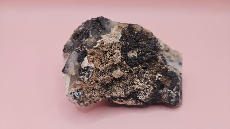 Close-up photo of dendritic opal rough specimen showing black fern-like mineral inclusions in milky-white and gray matrix, 304 grams.