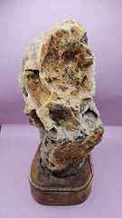 Teak mounted quartz geode with shimmering crystals on a polished wood base, 12x6.25 inches, perfect for home decor