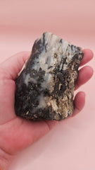 Close-up photo of dendritic opal rough specimen showing black fern-like mineral inclusions in milky-white and gray matrix, 304 grams.
