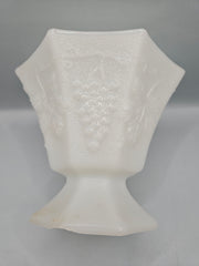 vintage milk glass candy dish with a harvest grape design, measuring 4.75