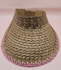 woven palm leaf visors with colorful edge stitching in black, pink, yellow, and light pink