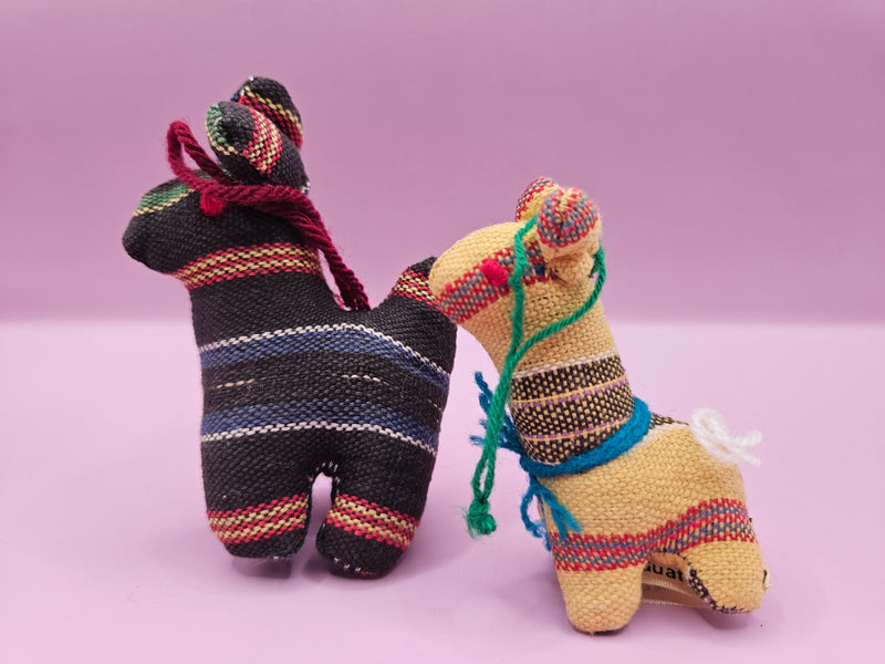 Set of two woven Guatemalan plush animal ornaments, multicolor dark and yellow, handwoven.