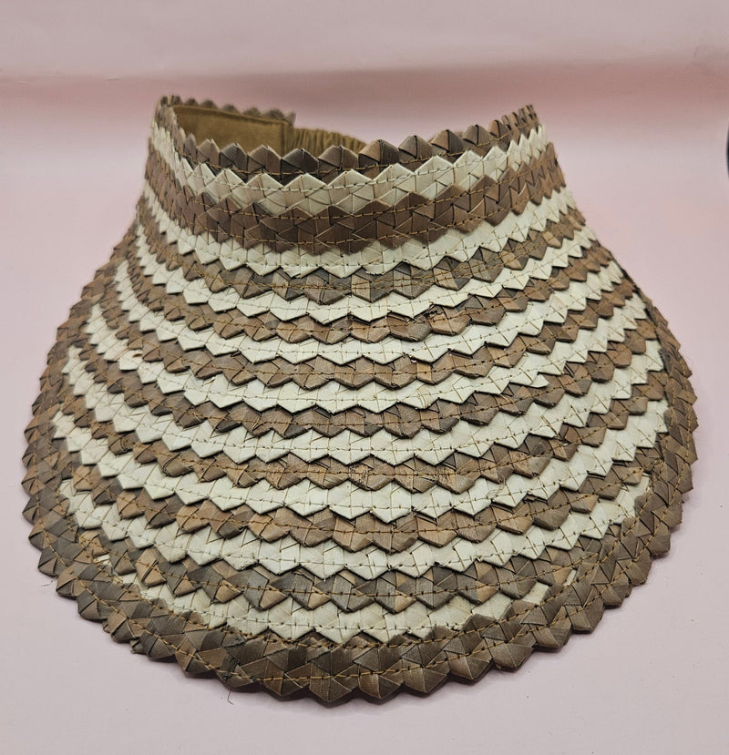  striped woven palm visors in blue, green, and natural cream colors with wide brims