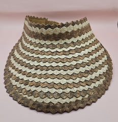  striped woven palm visors in blue, green, and natural cream colors with wide brims