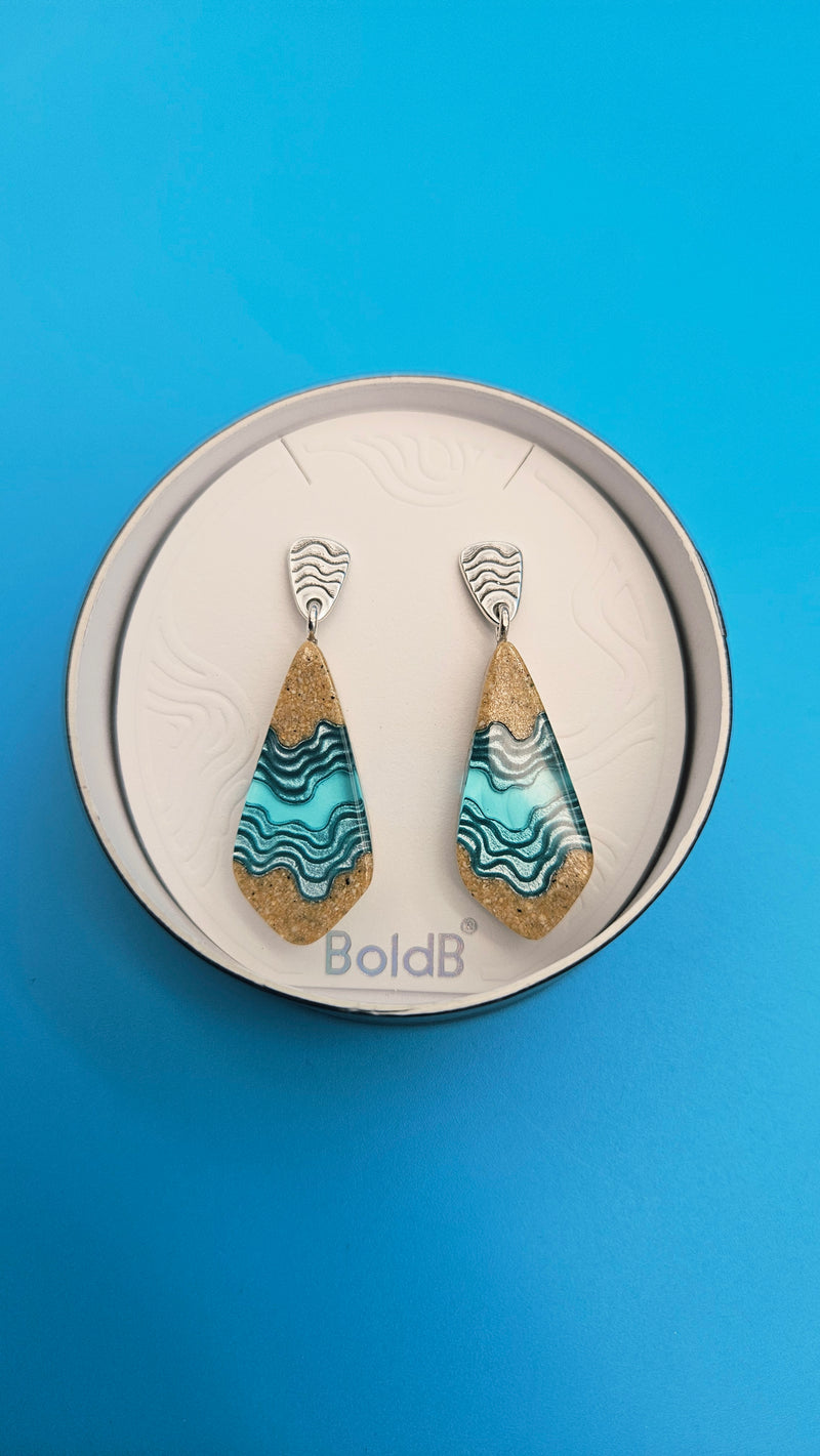 Gorge Drop Earrings – Ultramarine Resin & Sand Teardrop Design
