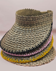 woven palm leaf visors with colorful edge stitching in black, pink, yellow, and light pink