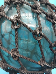 Japanese glass fishing float with rope netting, aqua blue-green 10.5