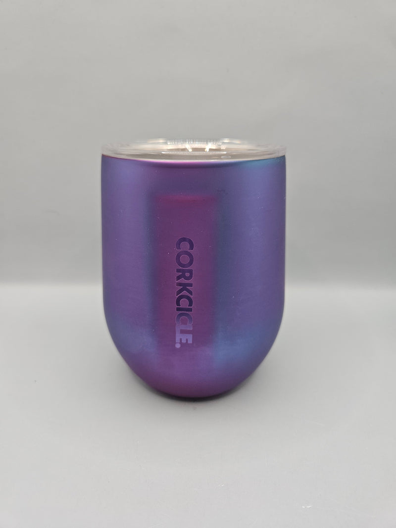 Corkcicle Stemless 10 oz Wine Cup in purple and blue metallic.