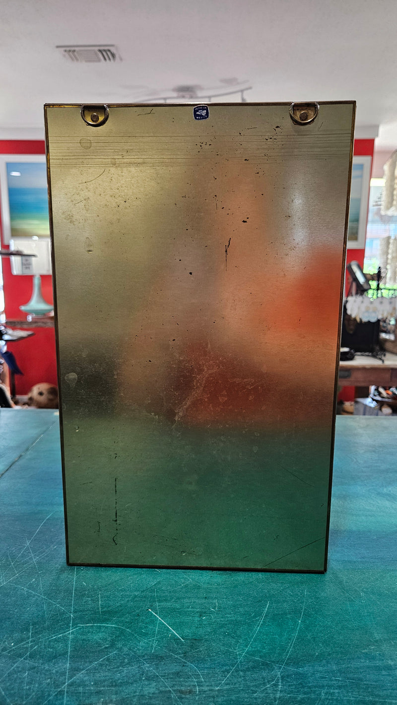 Vintage hexagonal glass curio cabinet with brass trim and etched floral design, 15 inches tall