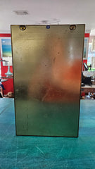 Vintage hexagonal glass curio cabinet with brass trim and etched floral design, 15 inches tall