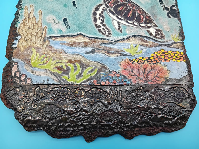 Handmade Raku fired ceramic sea turtle wall art by Bobbie McCrea, North Shore Pottery