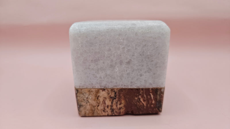 Two-tone onyx candle holder with white crystalline top and brown stone base, 2.4 inches cube
