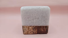 Two-tone onyx candle holder with white crystalline top and brown stone base, 2.4 inches cube