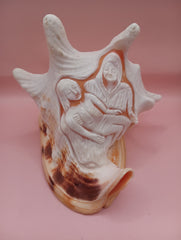 Hand Carved Yellow Helmet Shell with Religious Scene – 7.8 Inches