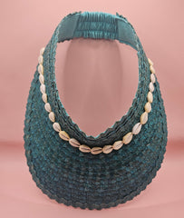  woven palm visors with cowrie shell trim in black, blue, yellow, and green
