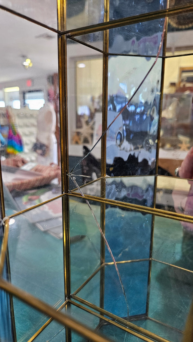 vintage stained glass curio cabinet with blue ripple glass sides and etched glass door