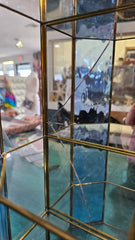 vintage stained glass curio cabinet with blue ripple glass sides and etched glass door