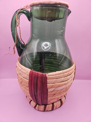 Vintage Green Wine Sangria Pitcher With Straw Base And Cover