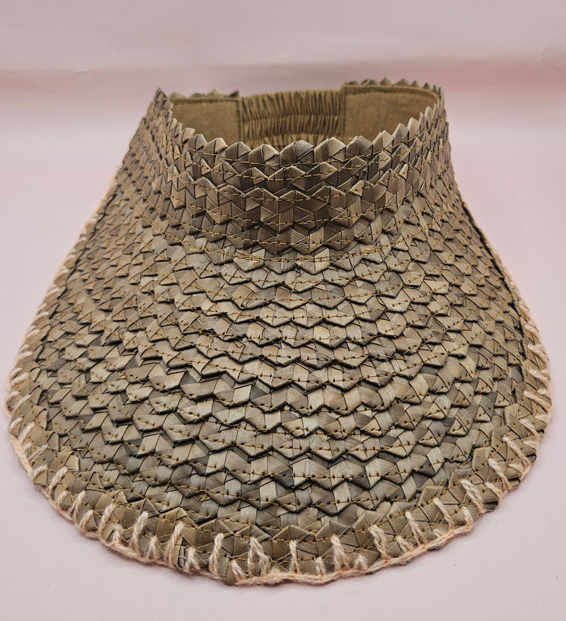woven palm leaf visors with colorful edge stitching in black, pink, yellow, and light pink