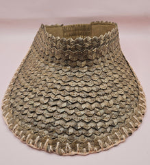 woven palm leaf visors with colorful edge stitching in black, pink, yellow, and light pink