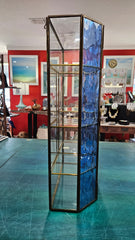 vintage stained glass curio cabinet with blue ripple glass sides and etched glass door