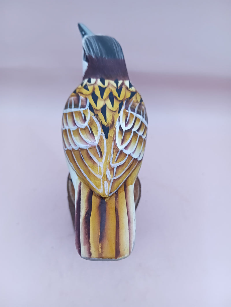  Hand-painted yellow and purple songbird figurine on wood base – 5.5 to 6 inches