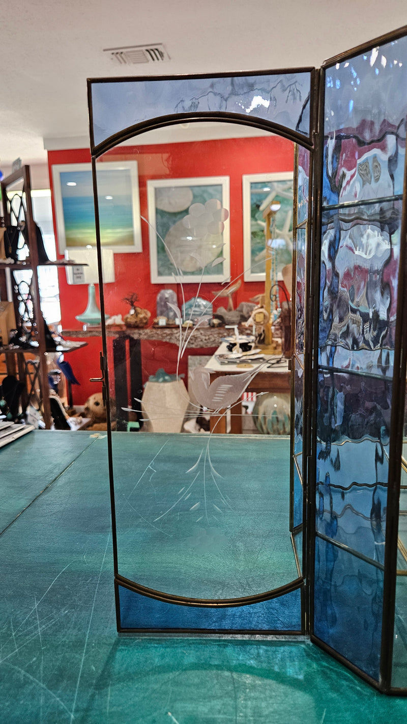 vintage stained glass curio cabinet with blue ripple glass sides and etched glass door