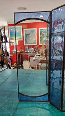 vintage stained glass curio cabinet with blue ripple glass sides and etched glass door