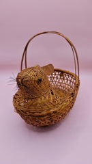 Handwoven vintage wicker basket shaped like a mouse with double handles and detailed face features, 7.5x4.5x6 inches