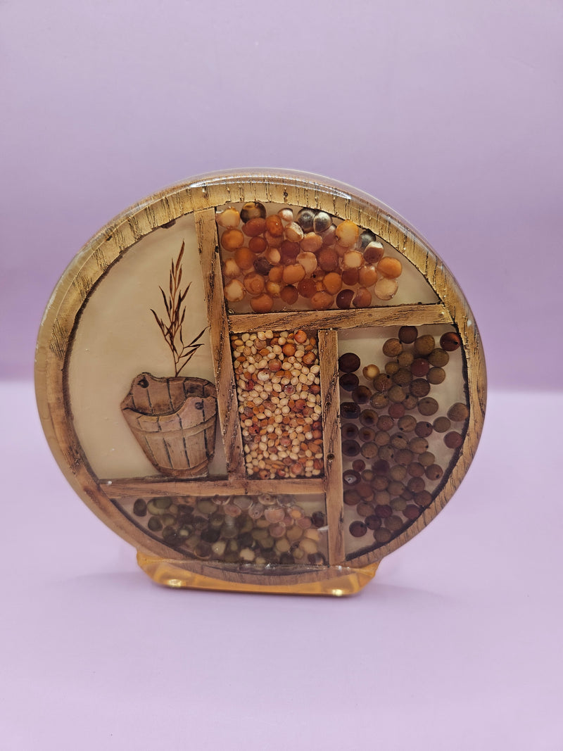 Vintage lucite circular napkin holder featuring embedded seed and grain design, 5.25"x2.8"