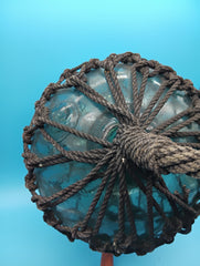 Japanese glass fishing float with rope netting, aqua blue-green 10.5