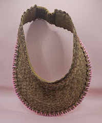 woven palm leaf visors with colorful edge stitching in black, pink, yellow, and light pink