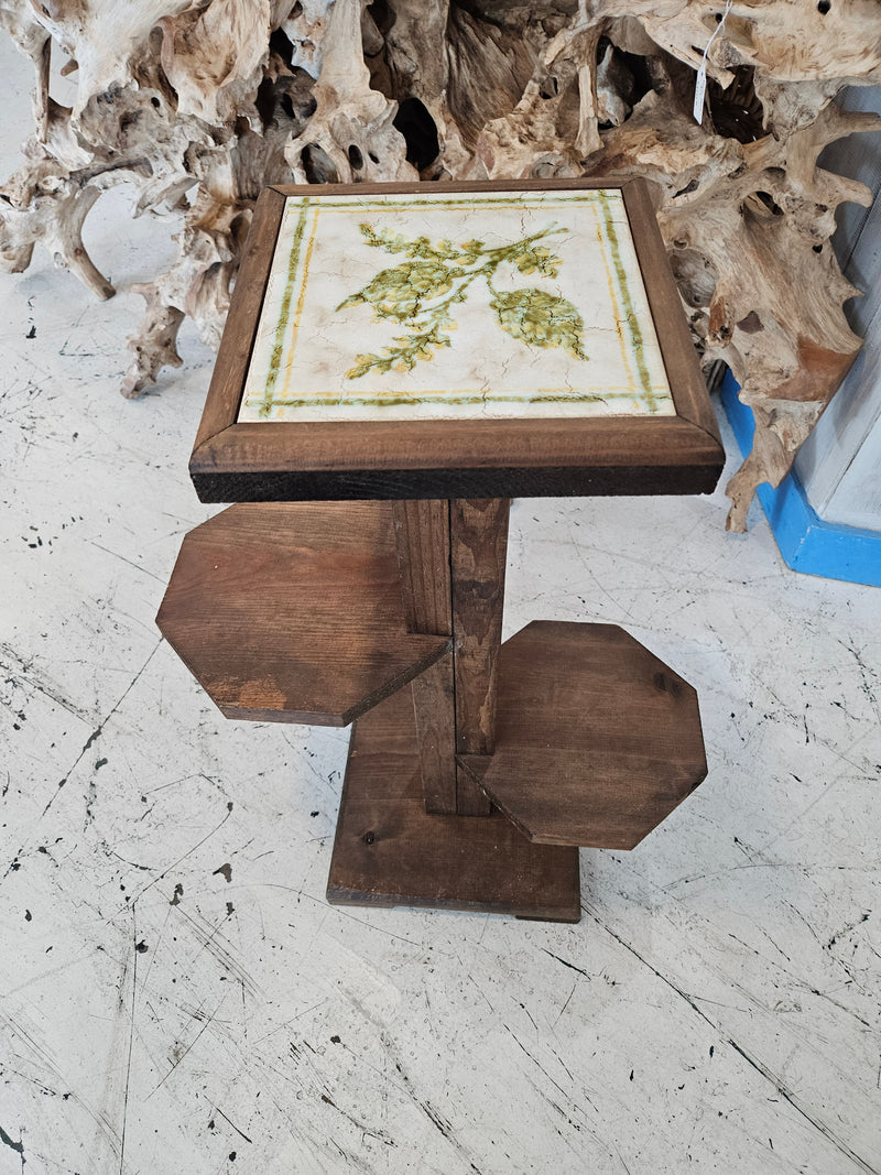 Art Deco wooden side table with ceramic tile top featuring floral design, 27.5x17.5x9.5 inches