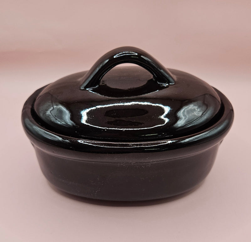 vintage Taiwan brown pottery stoneware items: soup bowl, oval baker, round crock with lid, and rectangular casserole dish