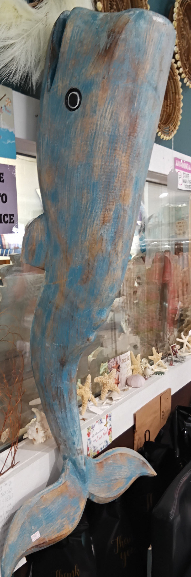 Large Blue Wooden Whale-Display Piece -43"