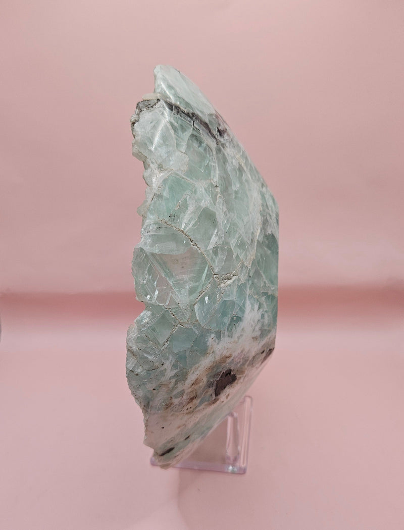 Polished fluorite crystal bowl with green banding, measuring 10.25 inches wide.