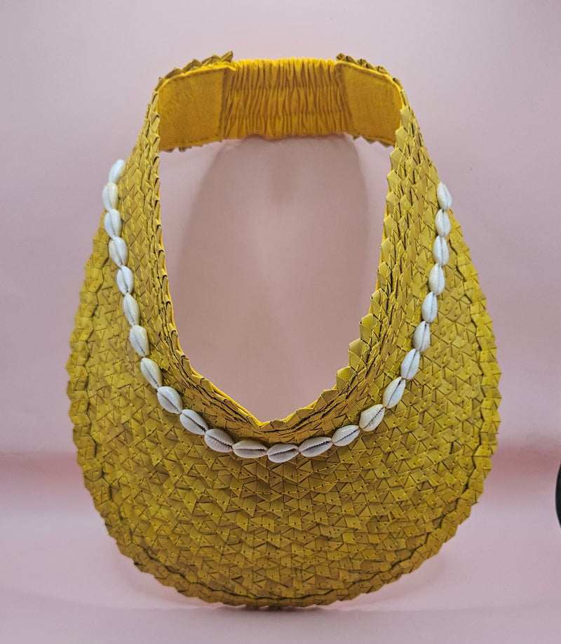  woven palm visors with cowrie shell trim in black, blue, yellow, and green