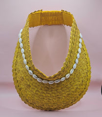  woven palm visors with cowrie shell trim in black, blue, yellow, and green