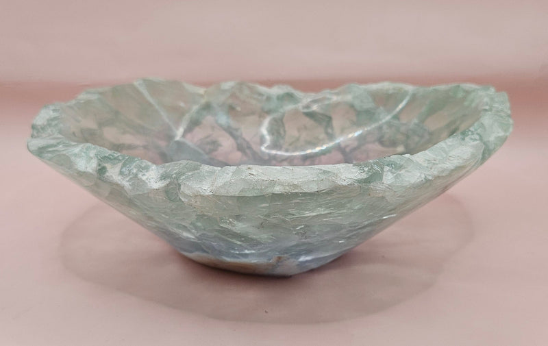 Polished fluorite crystal bowl with green banding, measuring 8.5 inches wide.