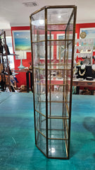 Vintage hexagonal glass curio cabinet with brass trim and etched floral design, 15 inches tall