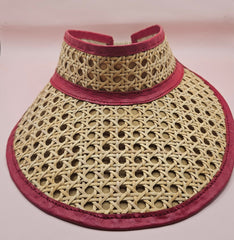  woven rattan visors with faux leather trim in black, red, green, and brown