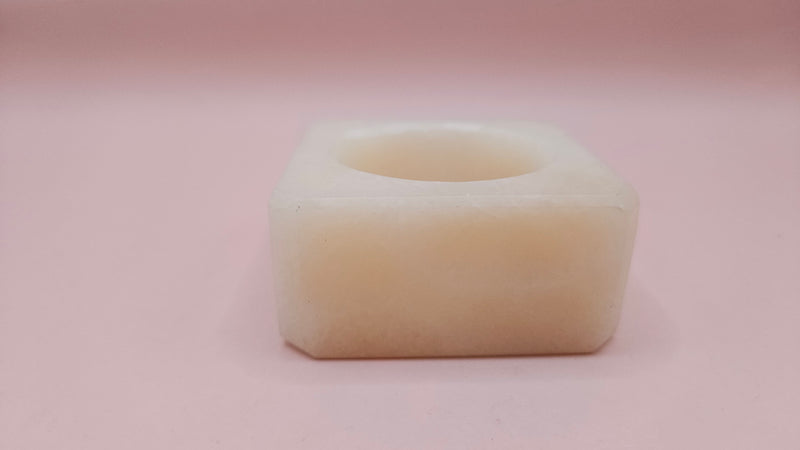 Ivory onyx tealight candle holder with soft white marbling, 2.4x1.1 inch square
