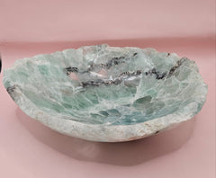Polished fluorite crystal bowl with green banding, measuring 10.25 inches wide.