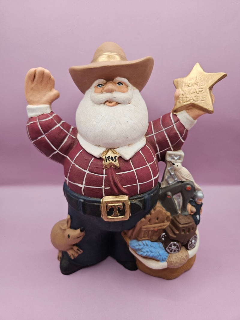 Hand-painted Texas ceramic Santa with cowboy hat and Lone Star badge, 8.5"x6"