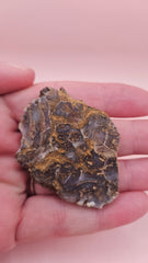 23g Moss Agate slab with smoky lavender tones and golden mossy veins, 2.1x1.7 inch specimen held in hand.