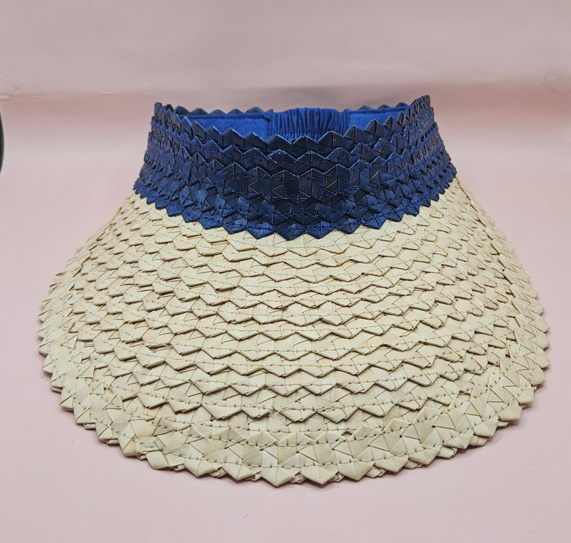 palm leaf visors in green, pink, and navy with natural straw brims