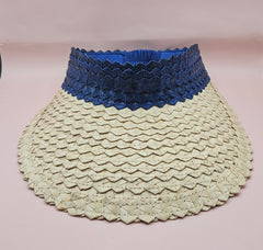 palm leaf visors in green, pink, and navy with natural straw brims