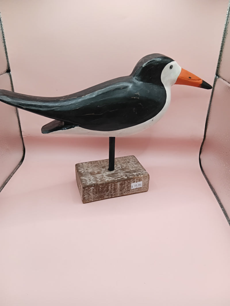 Wooden Skimmer Bird Sculpture on Rustic Base – Coastal Decor
